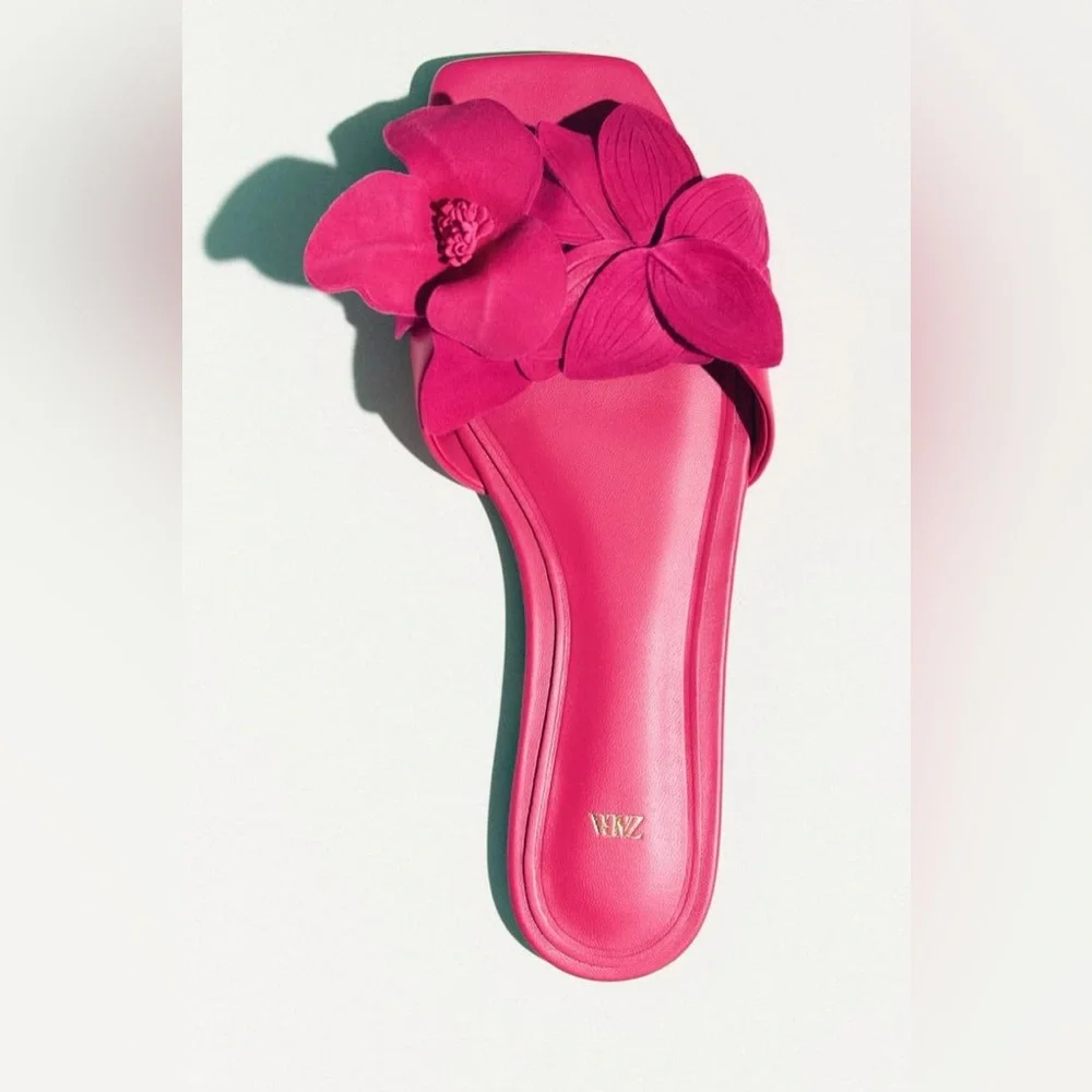 Zara Hot Pink Floral Slide Sandals - Picture 2 of 2